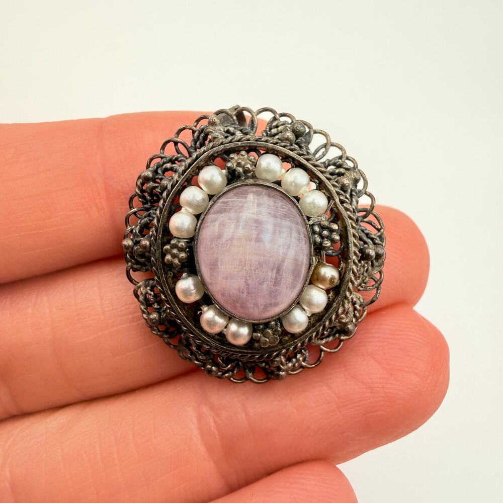 Antique Victorian Sterling Silver Filigree Amethyst Pendant Brooch Signed A2